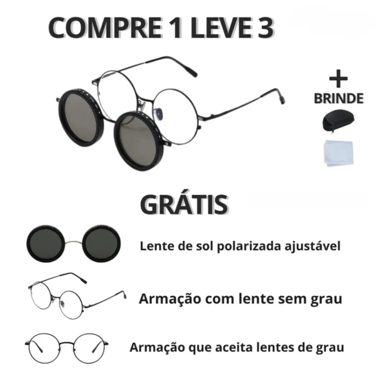Óculos de Sol com Lentes Ajustáveis e Polarizadas + Capinha Protetora de Brinde