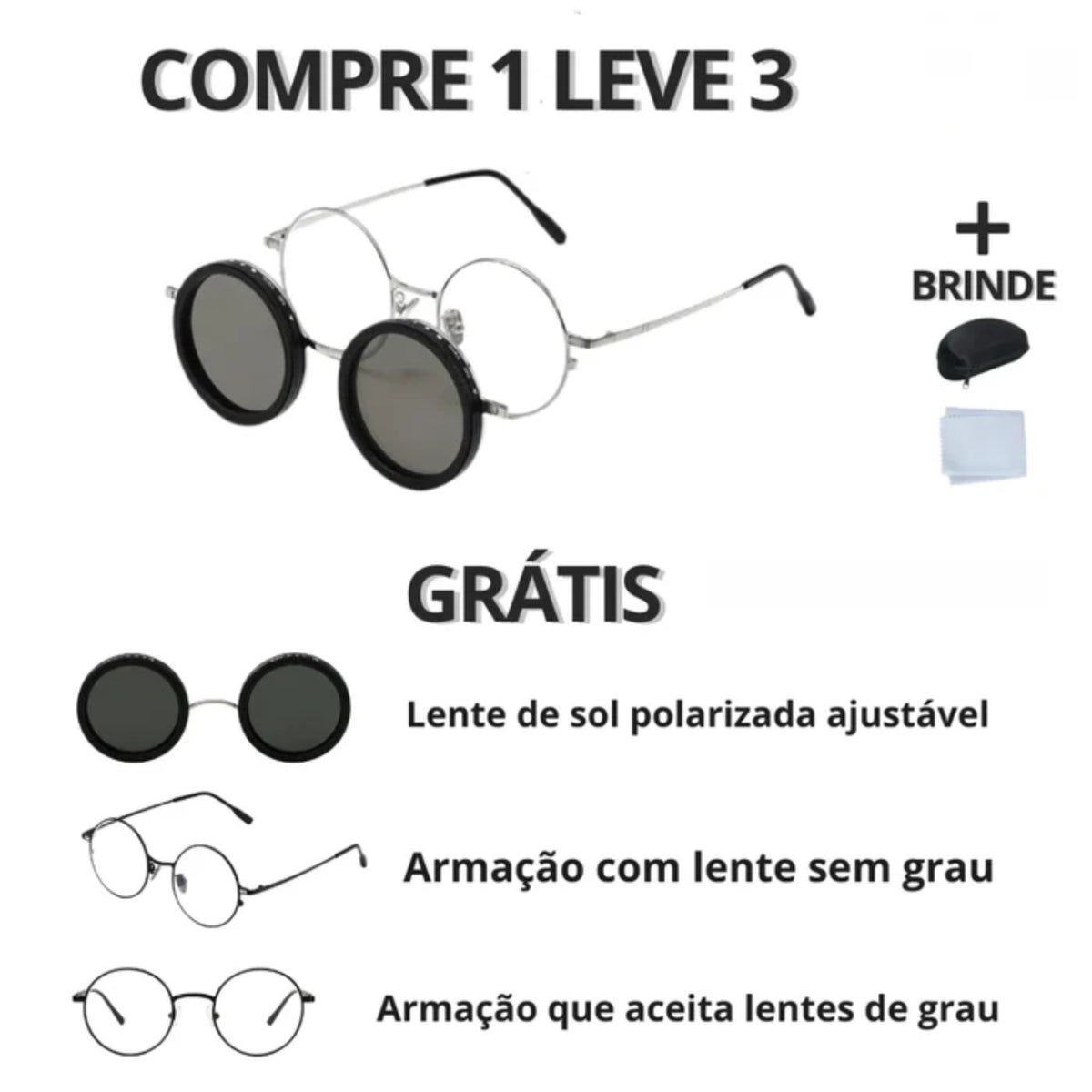 Óculos de Sol com Lentes Ajustáveis e Polarizadas + Capinha Protetora de Brinde