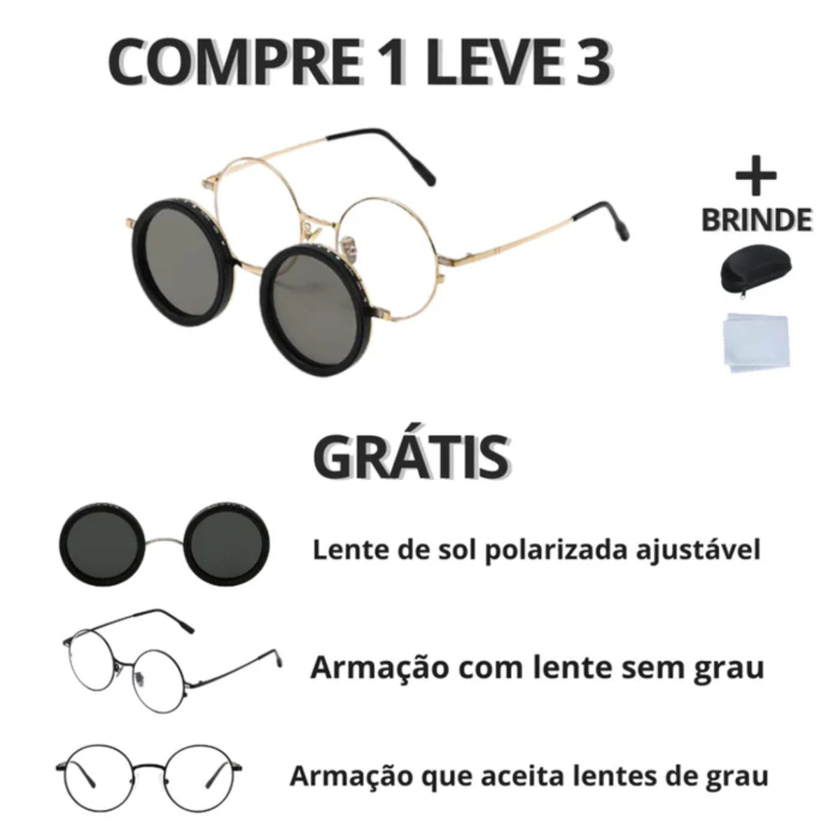 Óculos de Sol com Lentes Ajustáveis e Polarizadas + Capinha Protetora de Brinde